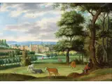 Weidevieh mit Rastendem Hirten vor Einer Befestigten Stadt by Izaack van Oosten, oil on panel, offered Jun 2023