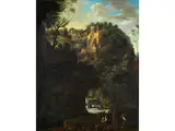Bergige Landschaft mit Fluss und Tempelanlage by Gaspard Dughet, oil on canvas, offered Sep 2024
