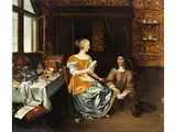 Kavalier Einer Dame Beim Schuhe Anziehen Helfend by Pieter de Hooch, oil on panel, offered Jun 2023
