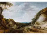 Bergige Landschaft mit Reisenden und Jagdgesellschaft by Jacques d‘Arthois und, oil on panel, sold Mar 2025