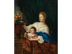 Mutter mit Kind Beim Betrachten von Blumen by Constantijn Netscher, oil on canvas, sold Dec 2025