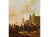 Hafenbucht mit Turm, Ruinösem Kirchengebäude und Reicher Figurenstaffage by Johannes Lingelbach, oil on panel, offered Dec 2023