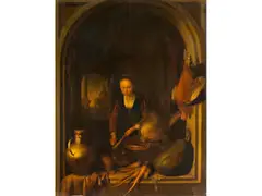 Die Fleissige Köchin by Gerrit Dou, oil, sold Dec 2023