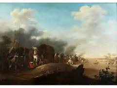 Banditen, die Einen Wagenkonvoi an Einem Fluss Angreifen by Pieter Meulener, oil on panel, offered Jun 2021