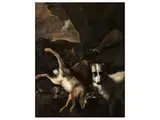 Stilleben mit Jagdhund, Erlegten Vögeln und Hase by Cornelis Lelienbergh, oil on canvas, offered Sep 2021