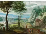 Flusslandschaft mit Felsen und Figuren by Izaak van Oosten, oil on copper, offered Mar 2022