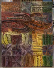 Untitled by Mark Fa'avre, 2006, mixed media on board, sold May 2024