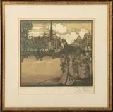 La Place St. Michel by Jacques Beltrand, 1903, Woodcut with Watercolor Details, sold Sep 2025