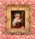 Portrait of Mrs Anna Young wearing a red dress with a white ruff and by John Linnell, 1831, Oil on panel, sold May 2019