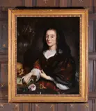 Portrait of a lady with a black veil and veritas symbols by Nicolaes Maes, Oil on canvas, sold May 2019