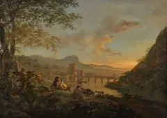A view of Ponte Molle at dusk with figures and animals to the f by Jan Dirksz Both, Oil on canvas, sold May 2019