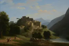 An Italianate mountainous river landscape with a hill-top town by Jean-Victor Bertin, 1827, Oil on canvas, sold May 2019