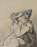 Portrait of a lady in blue ribboned hat by Thomas Rowlandson, Pen and ink and watercolour, sold May 2019
