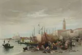 Fisherfolk before the Doges’ Palace with Santa Maria de la Salute beyond Watercolour Signed and dated 77 lower left 47 x 70cm (18½ x 27½ in.) by Clara Montalba, Watercolour, sold May 2019