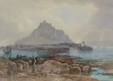 St Michael’s Mount from Marasion, Cornwall Watercolour with white heightening Signed and dated 1877 lower left 25 x 35.5cm (9¾ x 13¾ in.) by Thomas Hart, 1877, Watercolour with white heightening, sold May 2019