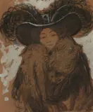 Woman in a feather hat and boa by Émile Bertin, gouache, sold May 2019