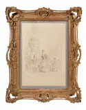 Watteauesque garden scene Pen and ink Signed and dated E.Parris 1841 to the lower left 52.5 x 42cm overall, including carved giltwood frame by Edmund Thomas Parris, Pen and ink, offered Apr 2019