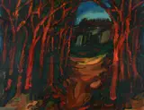 Landscape with red trees by Alfred Cohen, Oil on board, sold Apr 2019