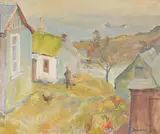 Landscape with cottage and figure by Ronald Ossory Dunlop, Oil on canvas, sold Apr 2019