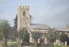 View of a church by Stanley Orchart, oil on canvas board, sold Jun 2021