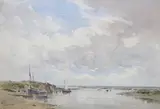 Estuary with fishing boats by Gerald Ackermann, watercolour, sold Jun 2021
