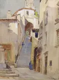 Street scene with steps to church by Pierre Vignal, watercolour, sold Jun 2021
