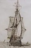 Sailing ship at sea, 10 x 7cm by Richard Henry Nibbs, ink, sold Jun 2021