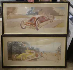 En Visite: Le Levrier et L'Hirondelle Renault' and companion piece, 'Szisz Sur Voiture Renault Gagnant Du Grand Prix De L'A.C.F by Ernest Montant, lithograph, sold Jun 2021