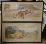 En Visite: Le Levrier et L'Hirondelle Renault' and companion piece, 'Szisz Sur Voiture Renault Gagnant Du Grand Prix De L'A.C.F by Ernest Montant, lithograph, sold Jun 2021