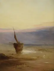Beached fishing boat at sunset by Gustav de Breanski, oil on canvas, sold Jun 2021
