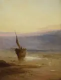 Beached fishing boat at sunset by Gustav de Breanski, oil on canvas, sold Jun 2021