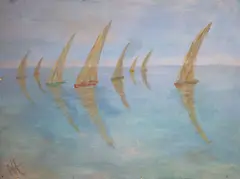 Fishing boats, Sfex, Tunisia by Nina Hosali, oil on board, sold Jun 2021