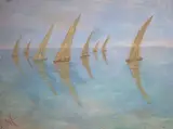 Fishing boats, Sfex, Tunisia by Nina Hosali, oil on board, sold Jun 2021