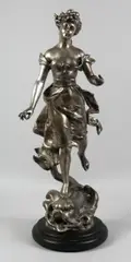 A WHITE METAL FIGURE OF A YOUNG GIRL standing on a dolphin. 26ins high. by Henry Kossowski, oil, sold Jun 2022