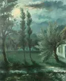 Belgian, A moonlit scene by a stream with trees and a house beyond by Rene Tassoul., oil on canvas, sold Jun 2022