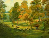 A tree lined river landscape with a shepherd and flock of sheep by William Thornton Brocklebank, oil on canvas, sold Jun 2022