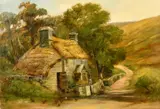 A pretty thatched country cottage with flowers, women chatting and chickens roaming free by William Pitt, oil on canvas, offered Jun 2022
