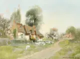Scottish, Thatched cottages in Spring, with a shepherdess moving ewes and lambs along a grass verge by John Lochhead, oil on board, offered Jun 2022