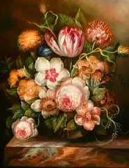 A still life of mixed flowers in a vase on a marble ledge by M. Miller., oil on panel, sold Jun 2022