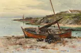 Scottish, fisherman mending nets in a beached boat with a croft beyond by John D. Taylor, oil on canvas, sold Jun 2022