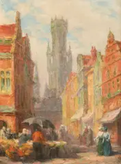 A continental Street market scene with figures by Tom Robertson, oil on canvas board, sold Jun 2022