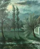 Belgian, A moonlit scene by a stream with trees and a house beyond by Rene Tassoul., oil on canvas, offered Jun 2022