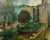 Flowering trees in an urban landscape by Robert Kirkland Jamieson, oil on canvas, offered Jun 2022
