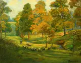 A tree lined river landscape with a shepherd and flock of sheep by William Thornton Brocklebank, oil on canvas, offered Jun 2022