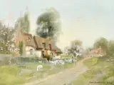 Scottish, Thatched cottages in Spring, with a shepherdess moving ewes and lambs along a grass verge by John Lochhead, oil on board, offered Jun 2022