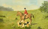 A huntsman mounted with four hounds at foot in a landscape by Michael Wood, Wood, sold Jun 2022