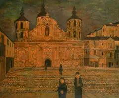 British, A Continental church with figures by Bateson Mason, oil on board, sold Jun 2022