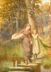 British, female figures crossing a river on stepping stones by James Barnes, watercolour, sold Jun 2022