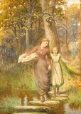 British, female figures crossing a river on stepping stones by James Barnes, watercolour, sold Jun 2022