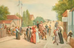 French, a Sunday morning stroll with well-dressed town folk by Joseph Athanase Aufray, watercolour, offered Jun 2022